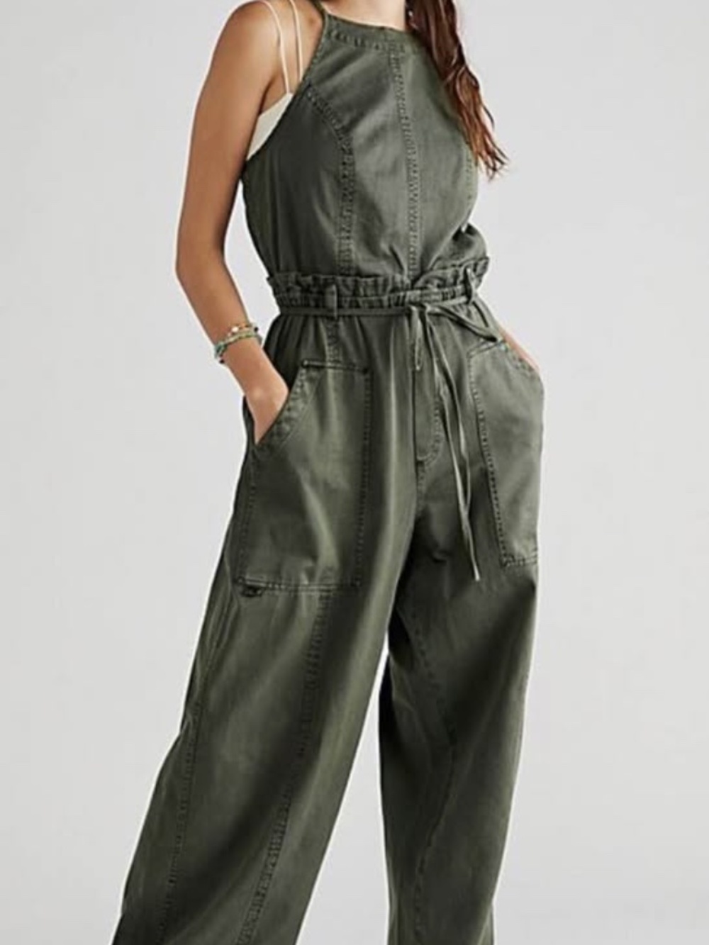 Free People Hearts Run Free One Piece Denim Jumpsuit Waist Tie Army Green
